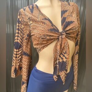 Forever 21 Brown and Blue Tie-Front Blouse